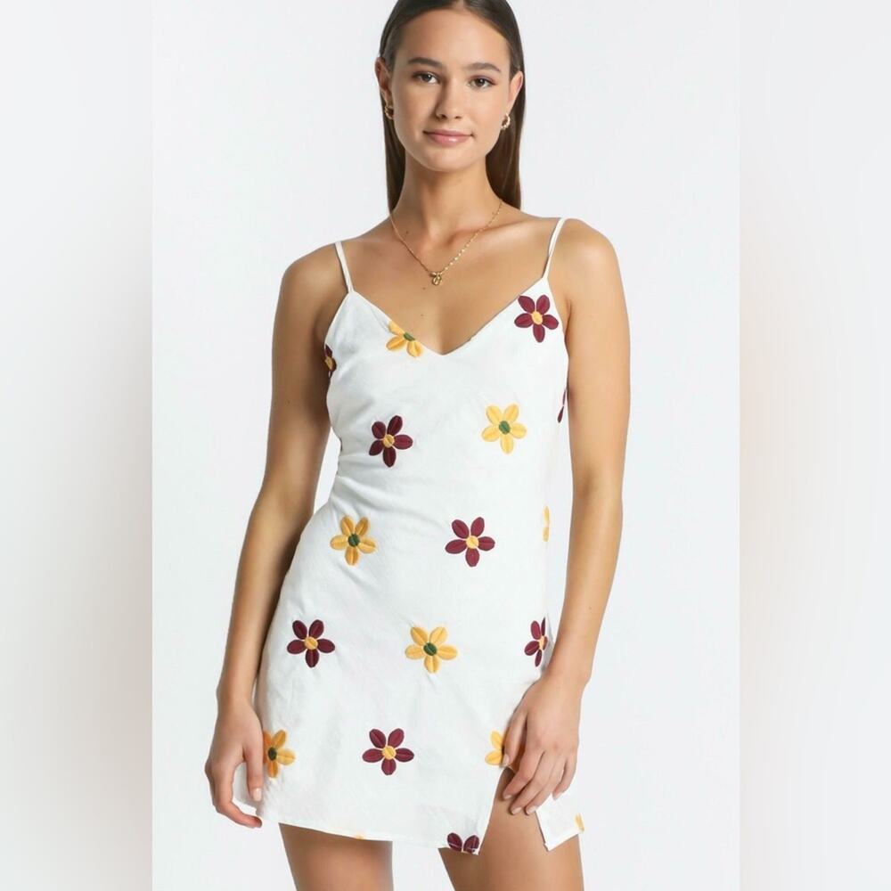 Showpo Dress Australia Tie Open Back White embroidered Floral Mini Sun sz 2